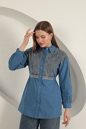 Poplin Fabric Pearl Detailed Indigo Women&#39;s Shirt