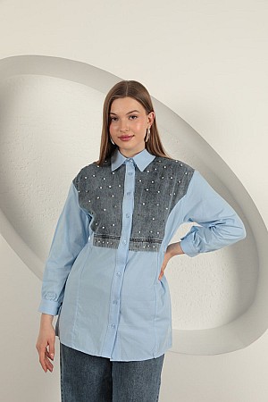 Poplin Fabric Front Pearl Detailed Blue Women&#39;s Shirt