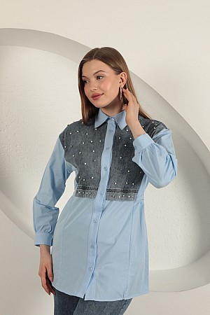 Poplin Fabric Front Pearl Detailed Blue Women&#39;s Shirt