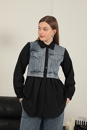 Poplin Fabric Denim Garnished Black Women&#39;s Shirt
