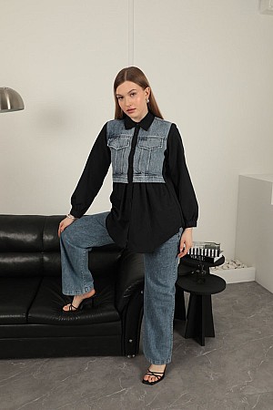 Poplin Fabric Denim Garnished Black Women&#39;s Shirt