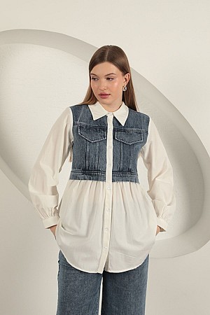 Poplin Kumaş Kot Garnili Ekru Kadın Gömlek