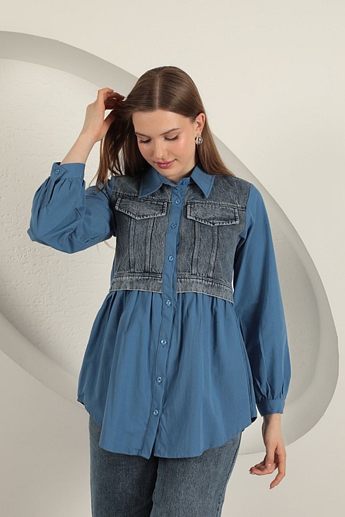 Poplin Kumaş Kot Garnili İndigo Kadın Gömlek