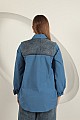 Poplin Kumaş Kot Garnili İndigo Kadın Gömlek