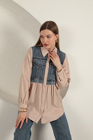 Poplin Fabric Denim Garnished Beige Women&#39;s Shirt