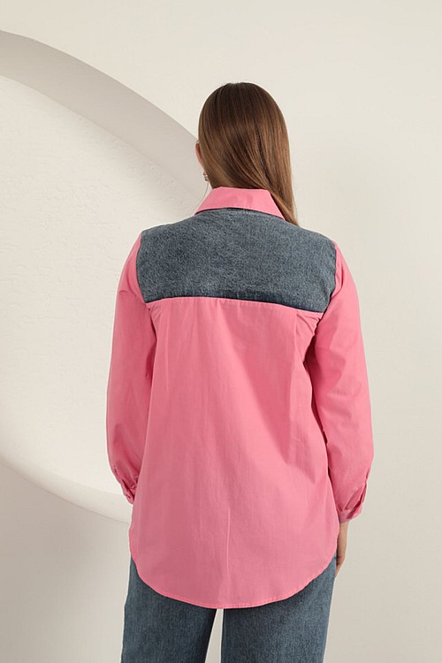 Poplin Kumaş Kot Garnili Pembe Kadın Gömlek