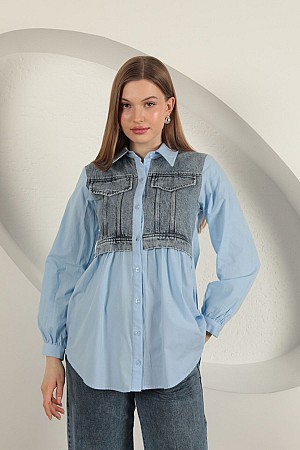 Poplin Fabric Denim Garnished Blue Women&#39;s Shirt