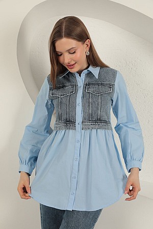 Poplin Fabric Denim Garnished Blue Women&#39;s Shirt