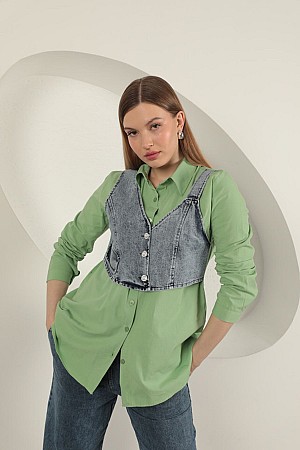 Poplin Fabric Vest Detailed Pistachio Green Women&#39;s Shirt