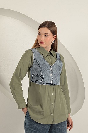 Poplin Fabric Vest Detailed Women&#39;s Shirt-Khaki