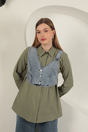 Poplin Fabric Vest Detailed Women&#39;s Shirt-Khaki