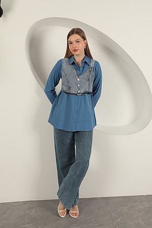 Poplin Fabric Vest Detailed Indigo Women&#39;s Shirt