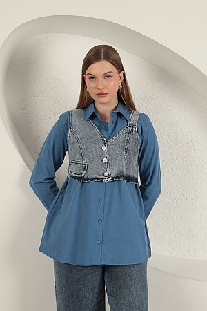 Poplin Fabric Vest Detailed Indigo Women&#39;s Shirt