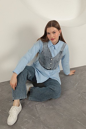 Poplin Fabric Vest Detailed Blue Women&#39;s Shirt