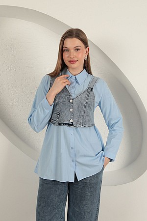 Poplin Fabric Vest Detailed Blue Women&#39;s Shirt