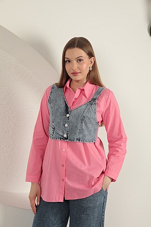 Poplin Kumaş Yelek Detaylı Pembe Kadın Gömlek