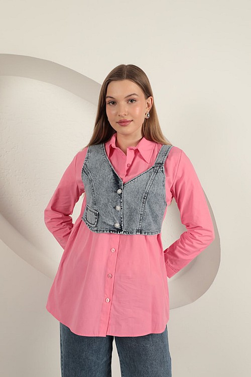 Poplin Kumaş Yelek Detaylı Pembe Kadın Gömlek