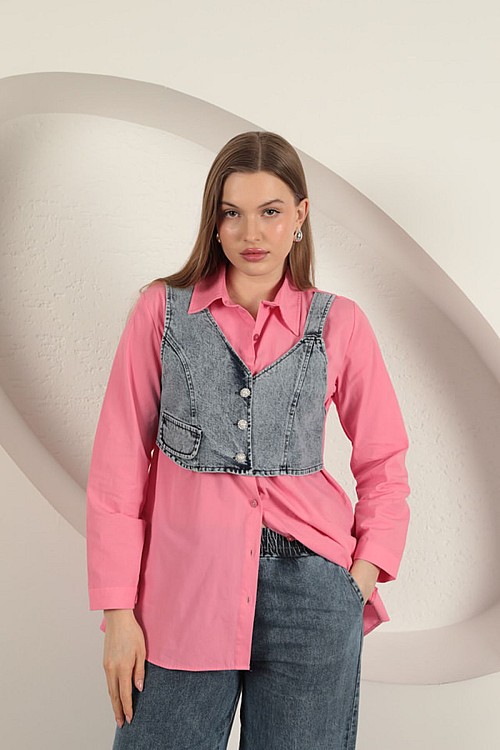 Poplin Kumaş Yelek Detaylı Pembe Kadın Gömlek
