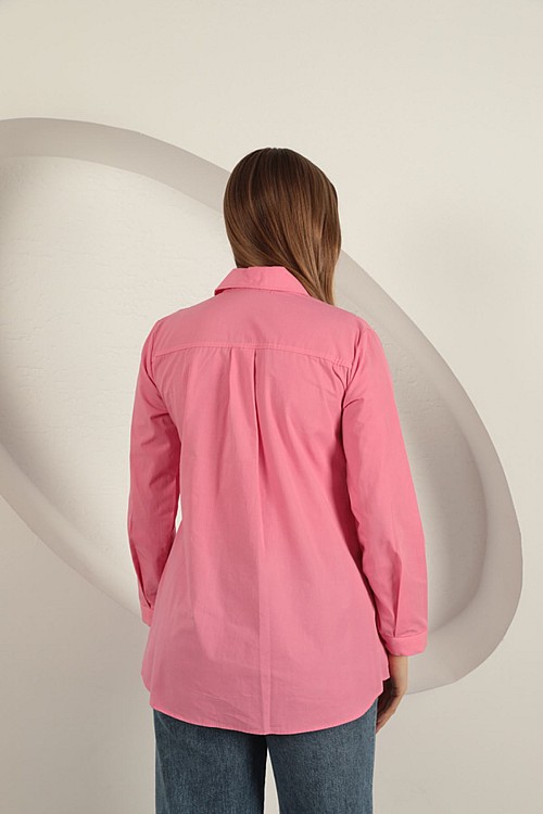 Poplin Kumaş Yelek Detaylı Pembe Kadın Gömlek