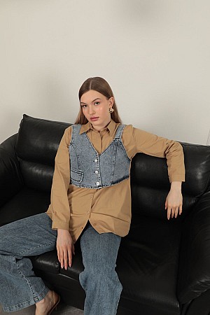 Poplin Fabric Vest Detailed Tan Women&#39;s Shirt