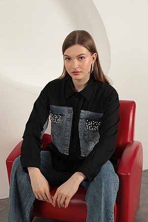 Poplin Fabric Denim Garnished Black Women&#39;s Shirt