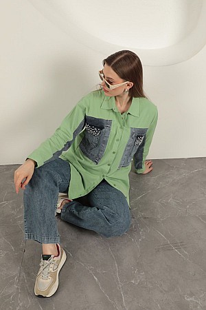 Poplin Fabric Denim Garnished Pistachio Green Women&#39;s Shirt