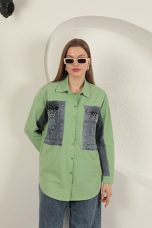 Poplin Fabric Denim Garnished Pistachio Green Women&#39;s Shirt