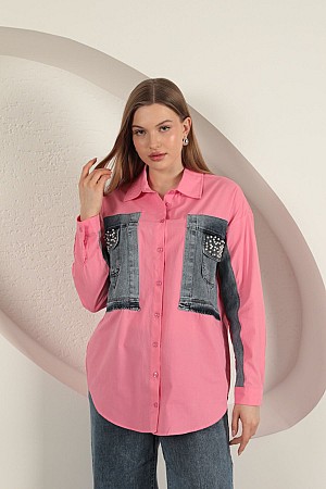Poplin Kumaş Kot Garnili Pembe Kadın Gömlek