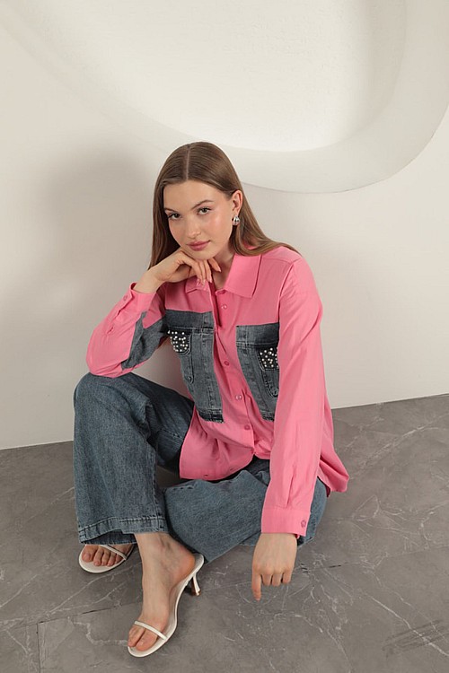 Poplin Kumaş Kot Garnili Pembe Kadın Gömlek