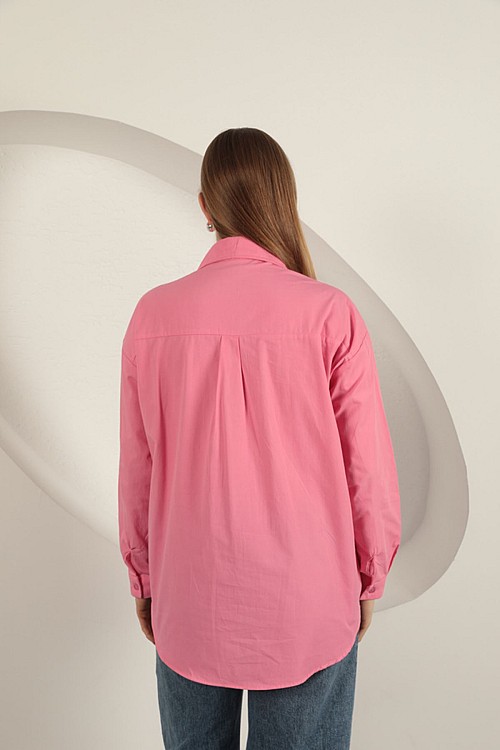 Poplin Kumaş Kot Garnili Pembe Kadın Gömlek