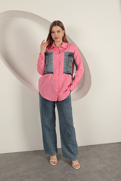 Poplin Kumaş Kot Garnili Pembe Kadın Gömlek