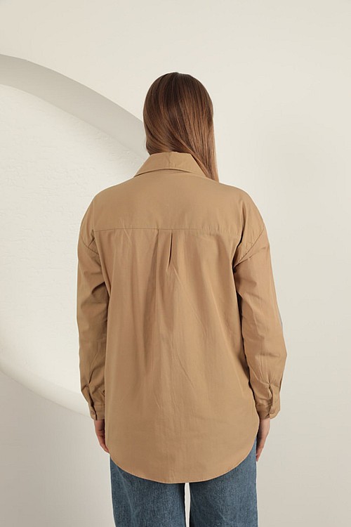 Poplin Kumaş Kot Garnili Kadın Gömlek-Taba