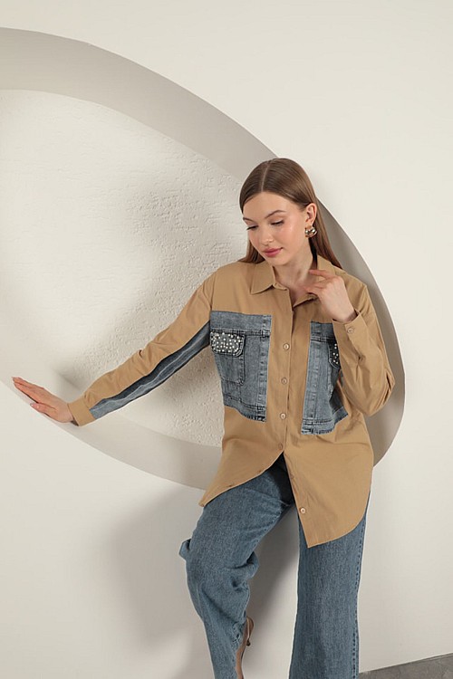 Poplin Kumaş Kot Garnili Kadın Gömlek-Taba