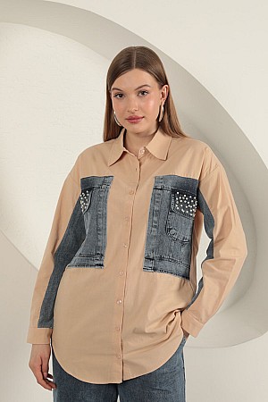 Poplin Fabric Denim Garnished Beige Women&#39;s Shirt