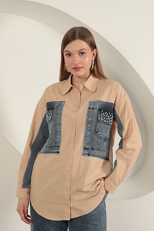 Poplin Kumaş Kot Garnili Bej Kadın Gömlek