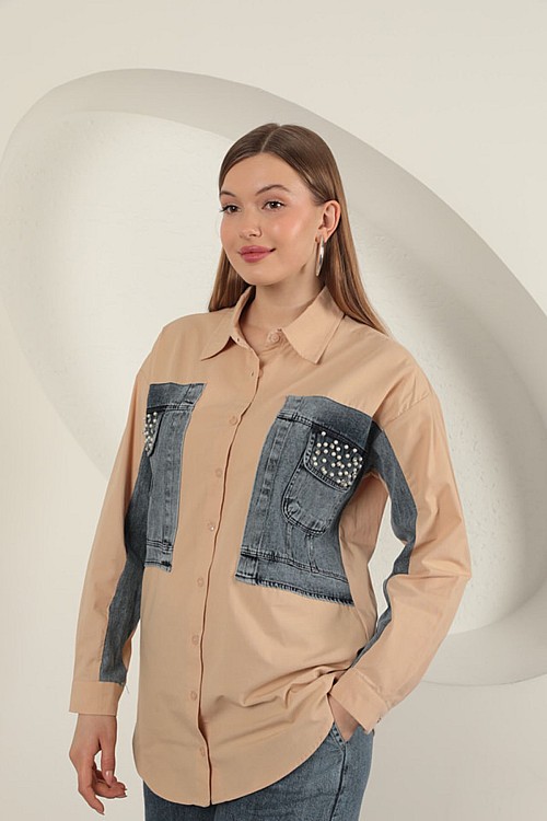 Poplin Kumaş Kot Garnili Bej Kadın Gömlek