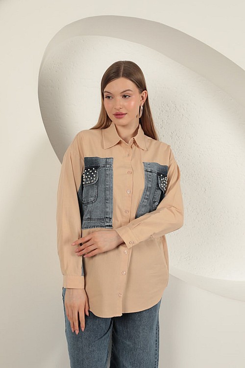 Poplin Kumaş Kot Garnili Bej Kadın Gömlek