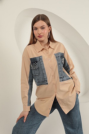Poplin Fabric Denim Garnished Beige Women&#39;s Shirt