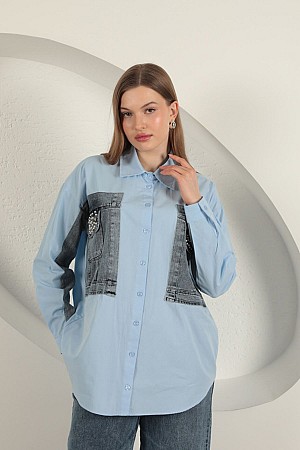 Poplin Fabric Denim Garnished Blue Women&#39;s Shirt