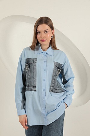 Poplin Fabric Denim Garnished Blue Women&#39;s Shirt