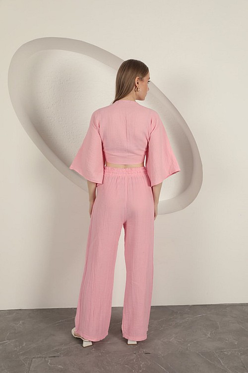 Müslin Kumaş Bol Paça Kadın Pantolon-Pembe