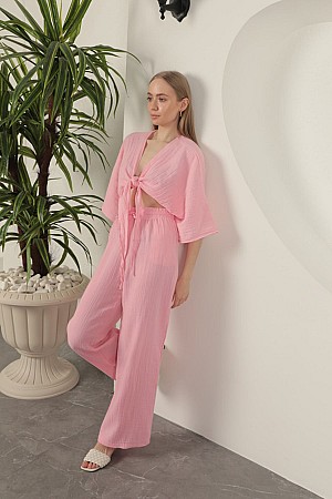 Müslin Kumaş Bol Paça Kadın Pantolon-Pembe