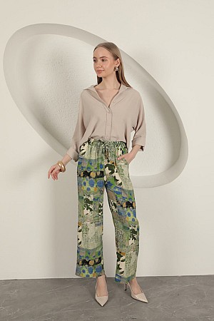 Viscose Fabric Wide Women&#39;s Trousers-Green