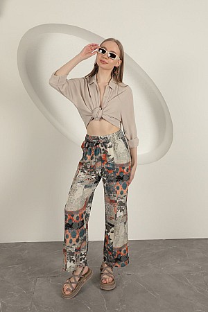 Viscose Fabric Wide Women&#39;s Trousers-Beige
