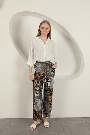 Viscose Fabric Wide Women&#39;s Trousers-Black