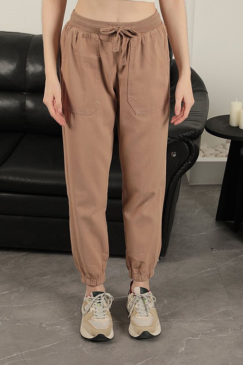 Gabardin Kumaş Paçası Lastikli Kadın Pantolon-Camel