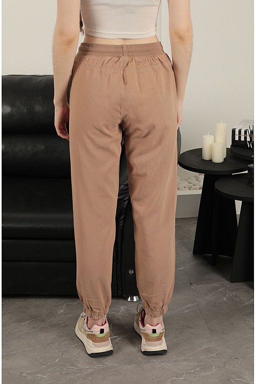 Gabardin Kumaş Paçası Lastikli Kadın Pantolon-Camel