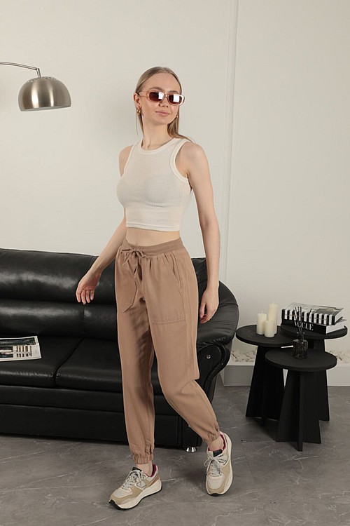 Gabardin Kumaş Paçası Lastikli Kadın Pantolon-Camel