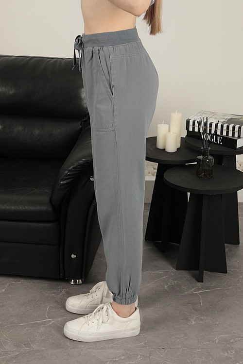 Gabardin Kumaş Paçası Lastikli Kadın Pantolon-Gri