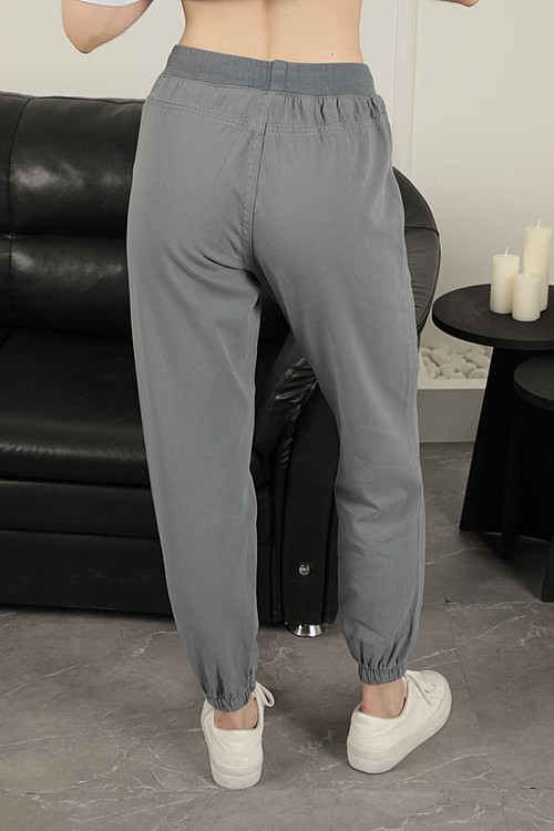Gabardin Kumaş Paçası Lastikli Kadın Pantolon-Gri